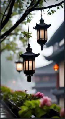 Traditional Vietnamese lanterns in a tranquil rainy setting for Chân Khí Đạo recovery