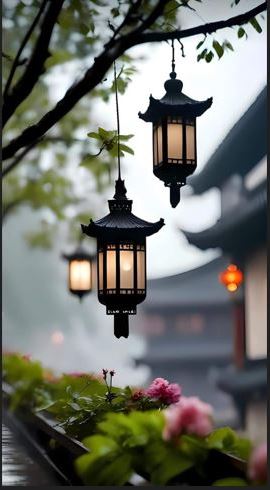 Traditional Vietnamese lanterns in a tranquil rainy setting for Chân Khí Đạo recovery