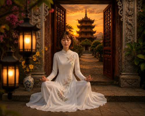 Young Vietnamese woman practising Chân Khí Đạo meditation in a white áo dài at a traditional temple during sunset.