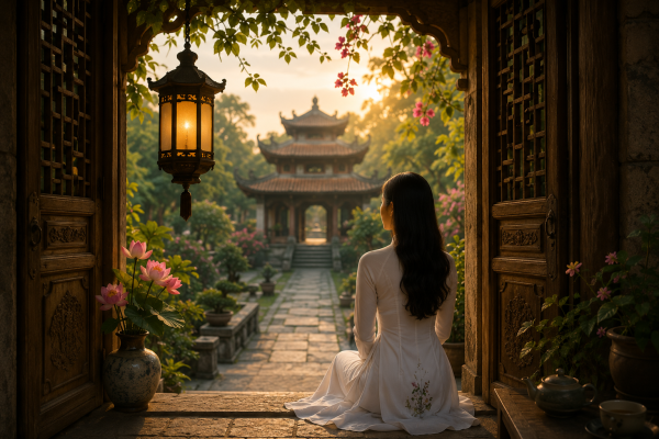 A woman in a white áo dài overlooks a traditional Vietnamese temple garden, symbolising healthcare, wellbeing, trust and discovery in Vietnam.