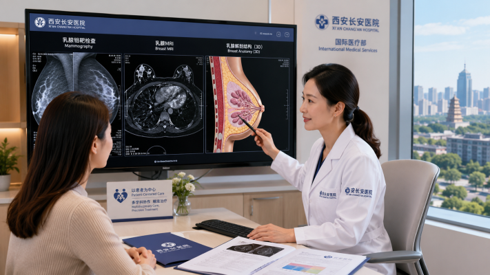 Female breast oncology specialist discussing mammography and breast MRI imaging with a patient at Xi'an Chang'an Hospital in Xi'an, China.