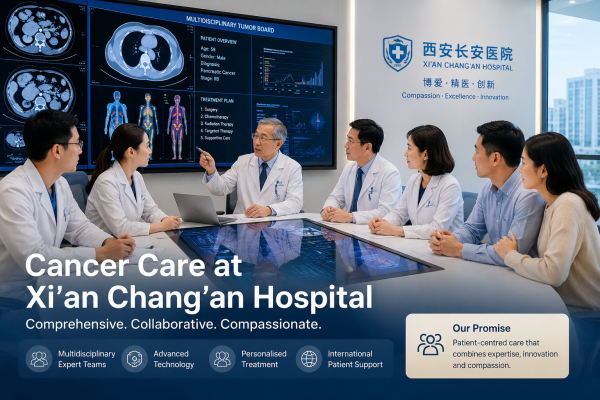 Multidisciplinary oncology specialists at Xi'an Chang'an Hospital meeting to review diagnostic imaging and develop personalised cancer treatment plans for international patients in China.