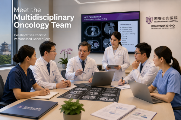 Multidisciplinary oncology specialists at Xi'an Chang'an Hospital reviewing diagnostic imaging and discussing personalised cancer treatment plans for international patients.
