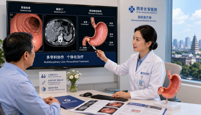 Gastrointestinal oncology specialist explaining gastroscopy, CT imaging and stomach anatomy during a gastric cancer consultation at Xi'an Chang'an Hospital in Xi'an, China.