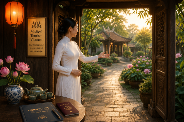 A welcoming Vietnamese woman in a traditional white áo dài gestures through an open gateway towards a peaceful garden, symbolising trust, hospitality and the beginning of a healthcare journey in Vietnam.