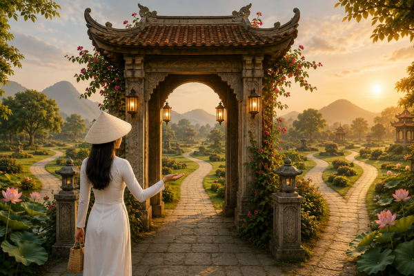 A welcoming Vietnamese gateway leading to multiple garden pathways, symbolising the healthcare journeys available through Medical Tourism Vietnam.
