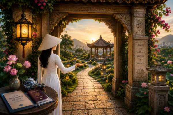 A welcoming Vietnamese woman in a traditional white áo dài gestures through an ornate gateway towards a peaceful garden path, symbolising guidance and support for international patients seeking healthcare in Vietnam.