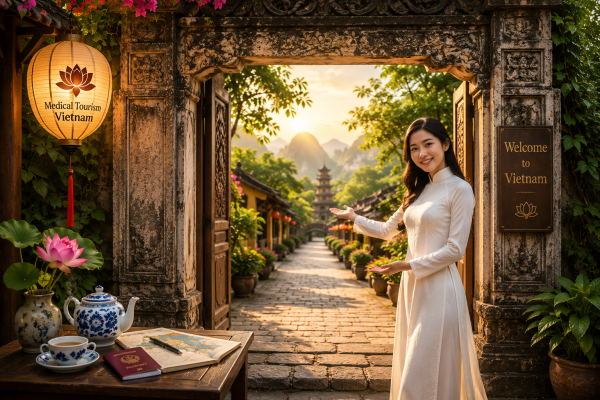 Young Vietnamese woman in a traditional áo dài welcoming visitors through a historic gateway, symbolising the beginning of a medical tourism journey in Vietnam.