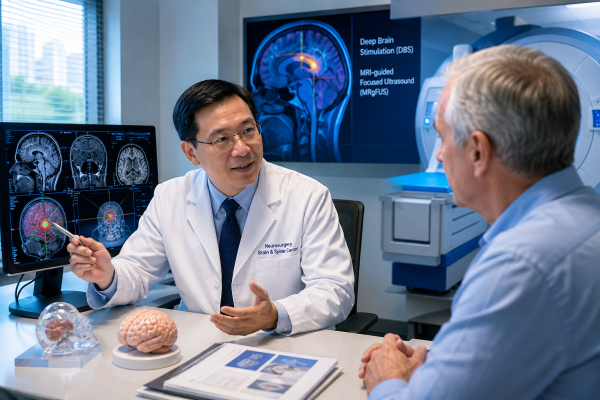 Neurosurgeon discussing Deep Brain Stimulation (DBS) and MRI-guided Focused Ultrasound (MRgFUS) with an international patient during a functional neurosurgery consultation in China.