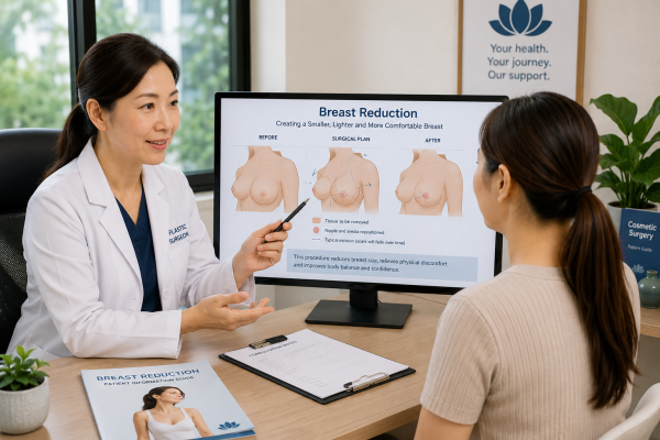 Plastic surgeon discussing breast reduction surgery with a patient during a medical consultation in Vietnam