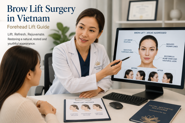 Plastic surgeon discussing brow lift surgery and forehead rejuvenation options with a patient in Vietnam