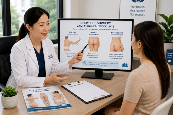Plastic surgeon discussing arm, thigh and buttock lift procedures with a patient during a body lift consultation