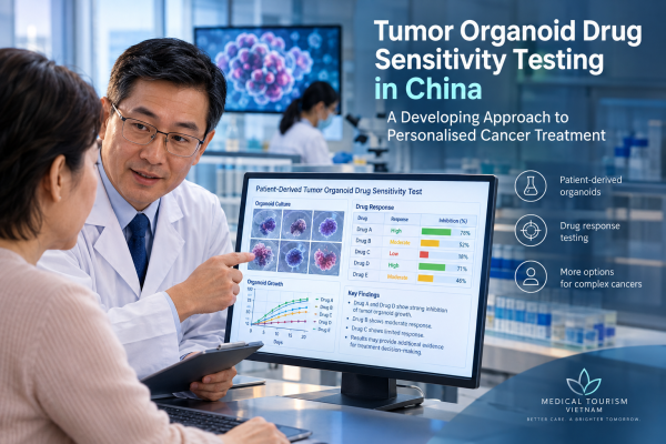 Doctor discusses tumor organoid drug sensitivity testing and personalised cancer treatment options with a patient in China.