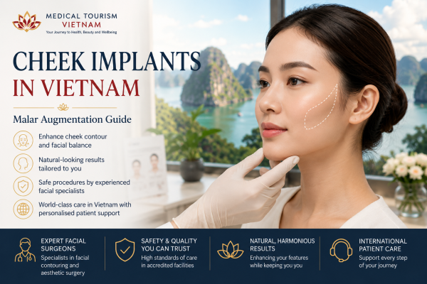 Facial specialist assessing a patient for cheek implants and malar augmentation in Vietnam