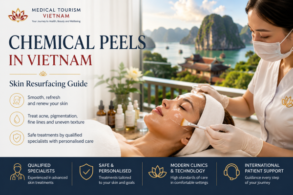 Skincare specialist applying a chemical peel during a facial skin resurfacing treatment in Vietnam