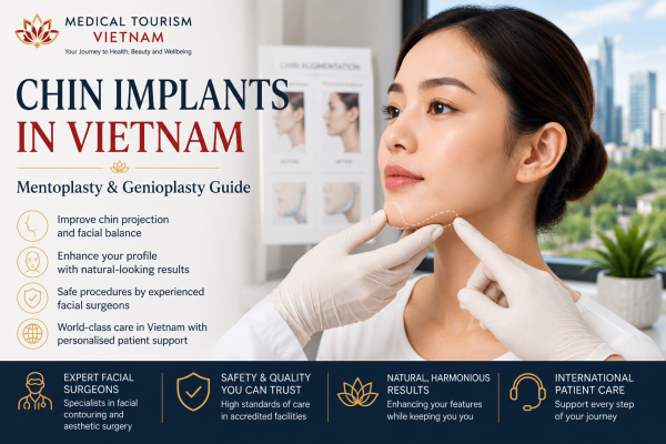 Facial surgeon assessing a patient for chin implants, mentoplasty and genioplasty in Vietnam