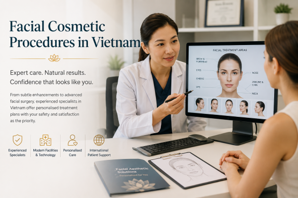 Plastic surgeon discussing facial cosmetic procedures with a patient during a consultation in Vietnam