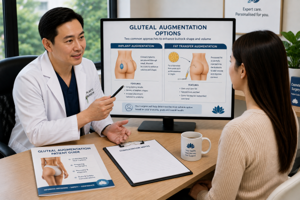 Plastic surgeon discussing gluteal augmentation options including implants and fat transfer with a patient
