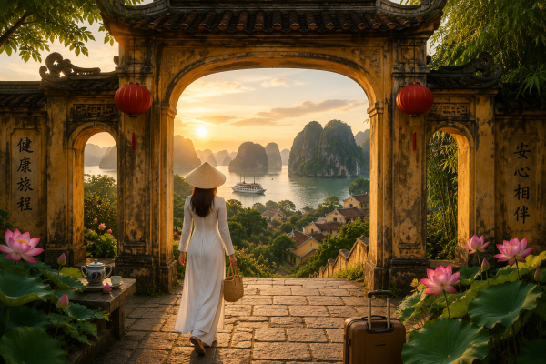 Woman in a traditional Vietnamese áo dài walking through an ancient gateway overlooking a peaceful coastal landscape in Vietnam.