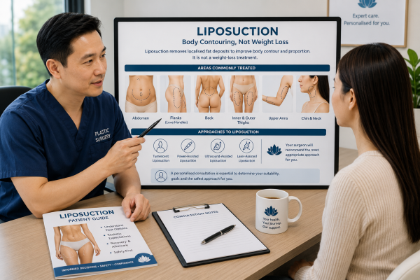Plastic surgeon discussing liposuction treatment areas and body contouring options with a patient