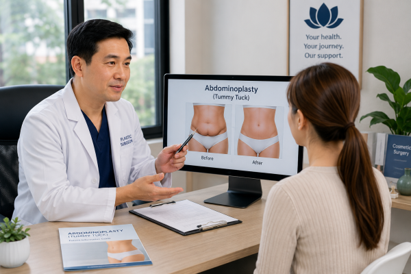 Plastic surgeon discussing abdominoplasty and tummy tuck treatment with a patient in Vietnam