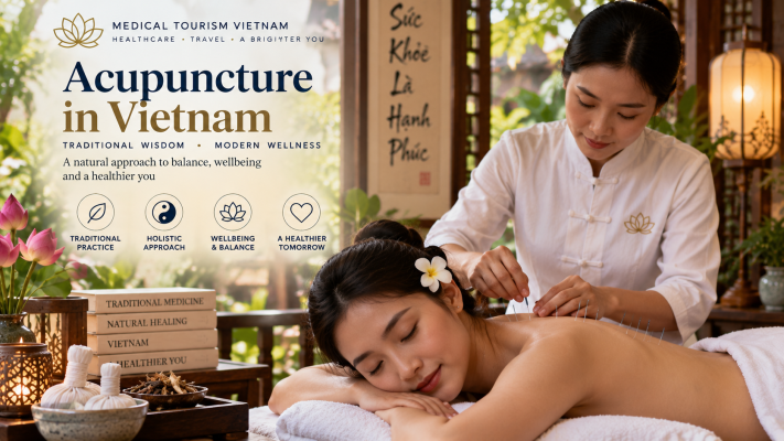 Vietnamese acupuncture practitioner providing acupuncture treatment in a traditional wellness setting in Vietnam