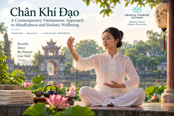 Người phụ nữ Việt Nam thực hành Chân Khí Đạo với thiền, hơi thở và chuyển động chánh niệm