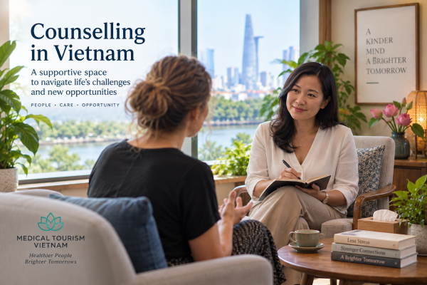 International resident speaking with a counsellor during a supportive counselling session in Vietnam