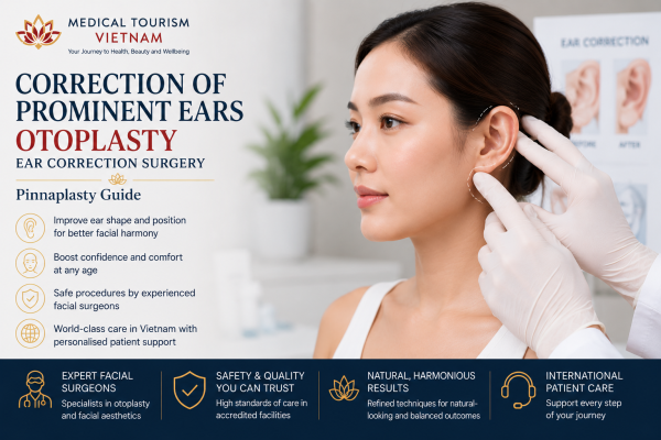 Facial surgeon assessing a patient for otoplasty and prominent ear correction surgery in Vietnam Title Otoplasty in Vietnam