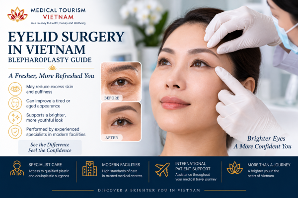 Facial specialist assessing a patient for eyelid surgery and blepharoplasty in Vietnam