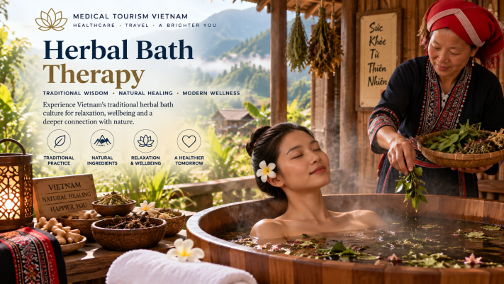 Traditional herbal bath therapy in northern Vietnam using locally prepared herbs in a wooden bathing tub
