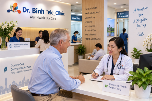 International patient attending a health check-up and preventive screening consultation at a modern medical clinic in Vietnam