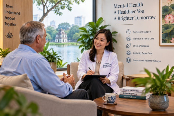 International patient speaking with a mental health professional during a confidential consultation in Vietnam
