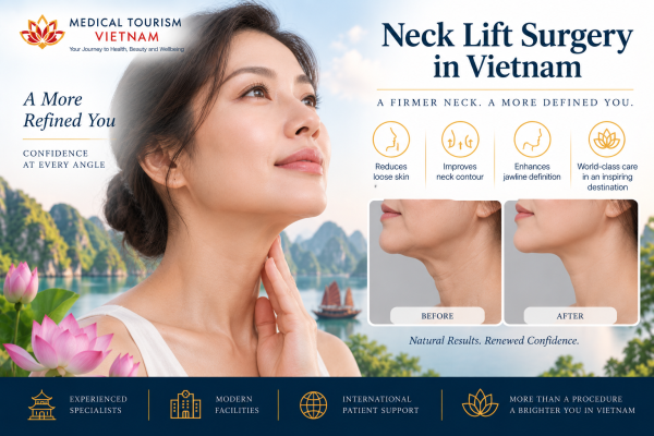 A woman considering neck lift surgery and neck contouring treatment in Vietnam