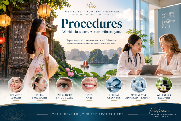 A Vietnamese woman in an áo dài and a doctor consulting an international patient, representing medical procedures and treatment options in Vietnam