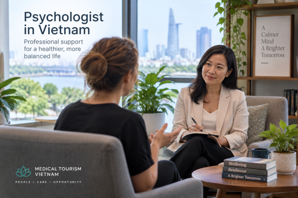 International patient speaking with a psychologist during a private consultation in Vietnam 