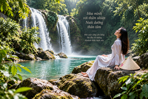 Người phụ nữ Việt Nam mặc áo dài ngồi thư giãn bên thác nước giữa thiên nhiên