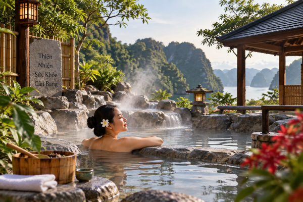 Woman relaxing in a hot mineral spring surrounded by a Vietnamese mountain landscape and onsen-inspired architecture