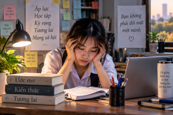Nữ sinh Việt Nam căng thẳng khi học tập trước sách vở và máy tính