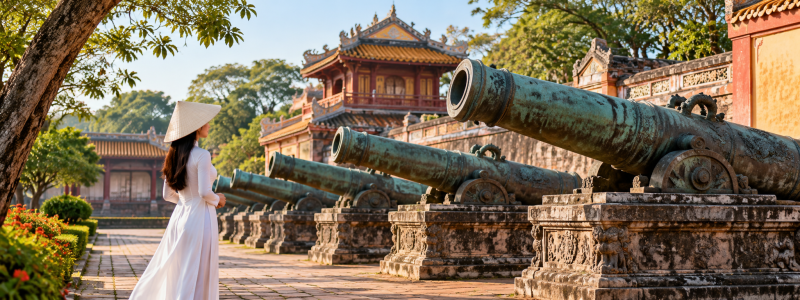 Woman in white ao dai beside the Nine Holy Cannons at the Imperial City in Hue Vietnam