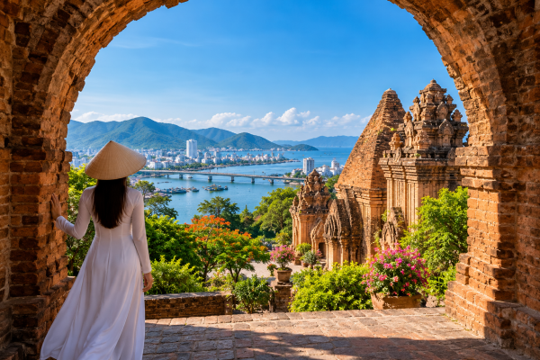 Woman in white ao dai looking through an arch toward Po Nagar Cham Towers and Nha Trang