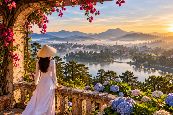 Woman in white ao dai overlooking Xuan Huong Lake and the misty highlands of Da Lat Vietnam