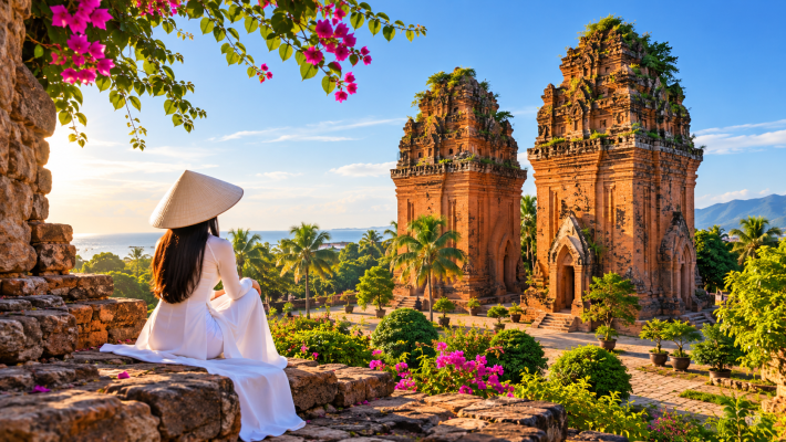 Woman in white ao dai overlooking the historic Twin Towers in Quy Nhon Vietnam