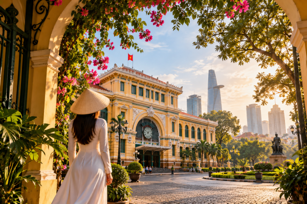 Woman in traditional white ao dai overlooking historic architecture and the modern skyline of Ho Chi Minh City, Vietnam