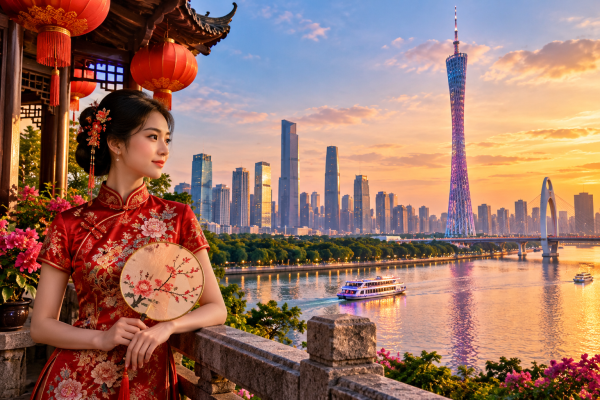 Woman in traditional Chinese dress overlooking the Pearl River and Canton Tower in Guangzhou, China