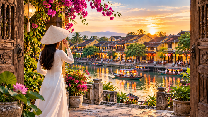 Woman in white ao dai and traditional hat overlooking Hoi An Ancient Town in Vietnam