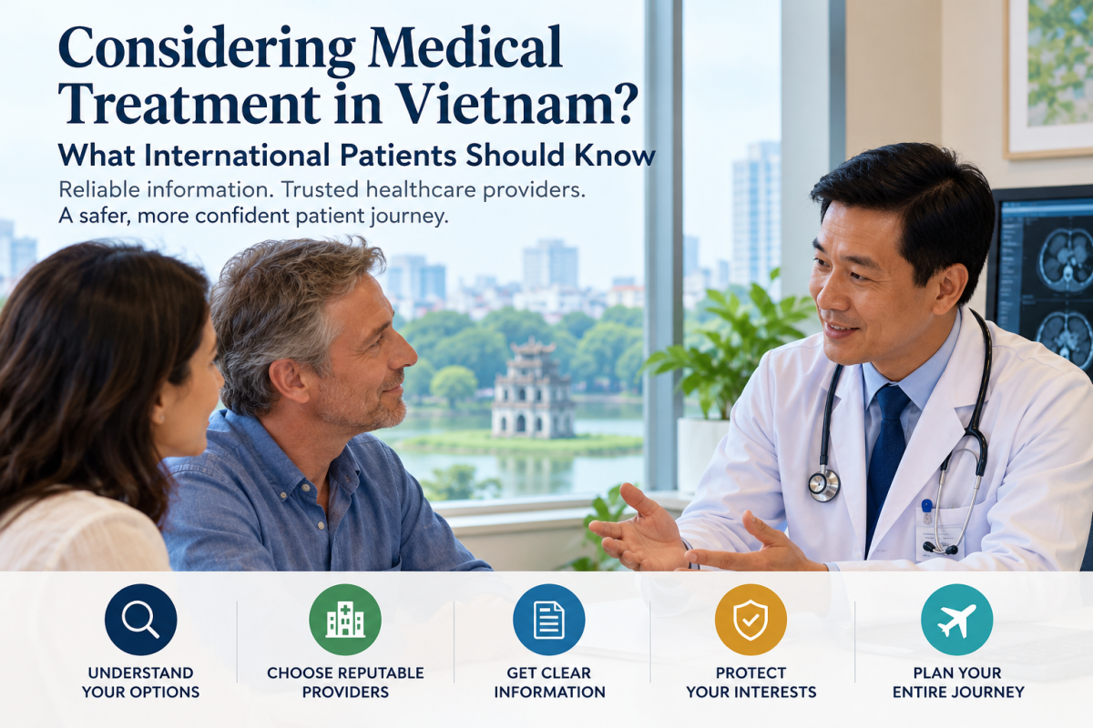 Vietnamese doctor consulting international patients about medical treatment options, provider selection and patient safety in Vietnam