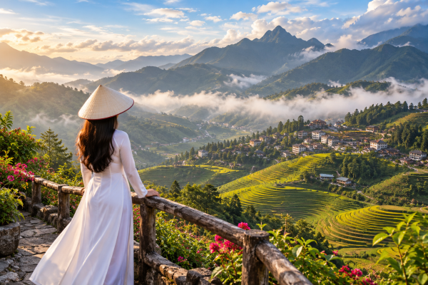 Woman in white ao dai overlooking terraced rice fields and misty mountains in Sa Pa, Vietnam