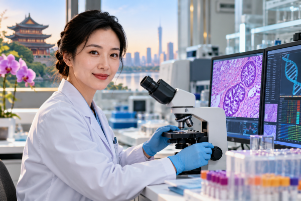 Female Chinese medical specialist examining cancer tissue samples using a microscope and molecular diagnostic technology in a modern laboratory.