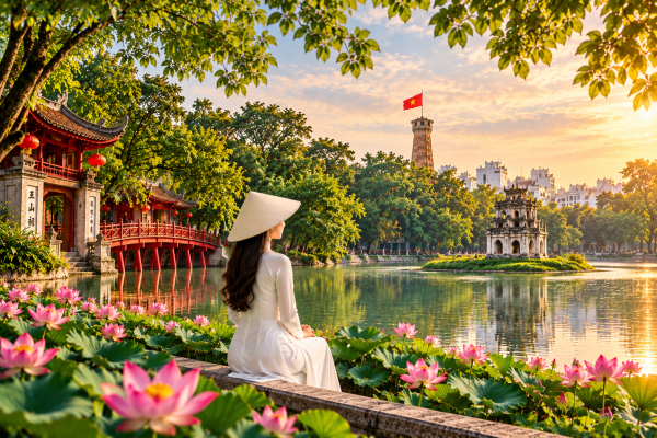 Hanoi cultural heritage scene featuring Hoan Kiem Lake, Turtle Tower, lotus flowers and a Vietnamese woman wearing a traditional white ao dai.